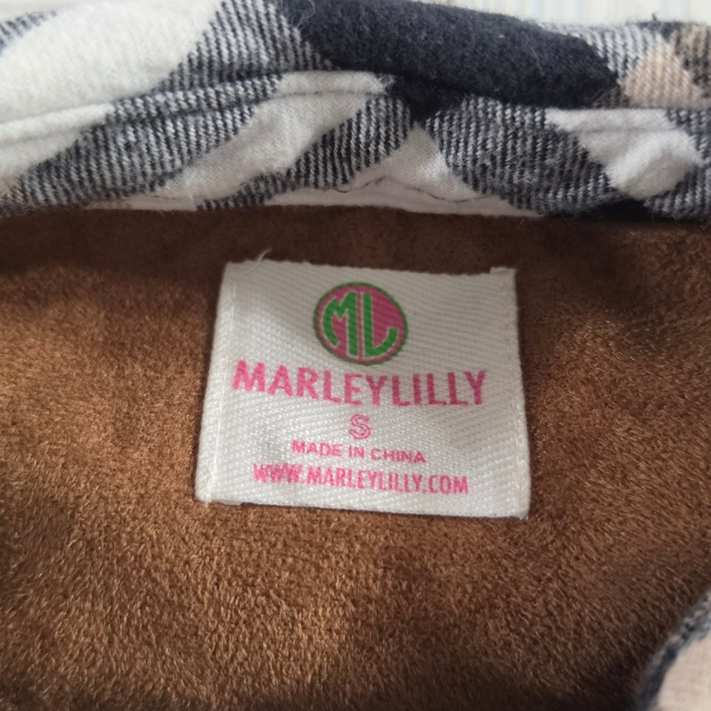 Marleylilly Womens Plaid Flannel Shirt Black Tan Monogram MFN Suede Pocket S - Picture 6 of 6